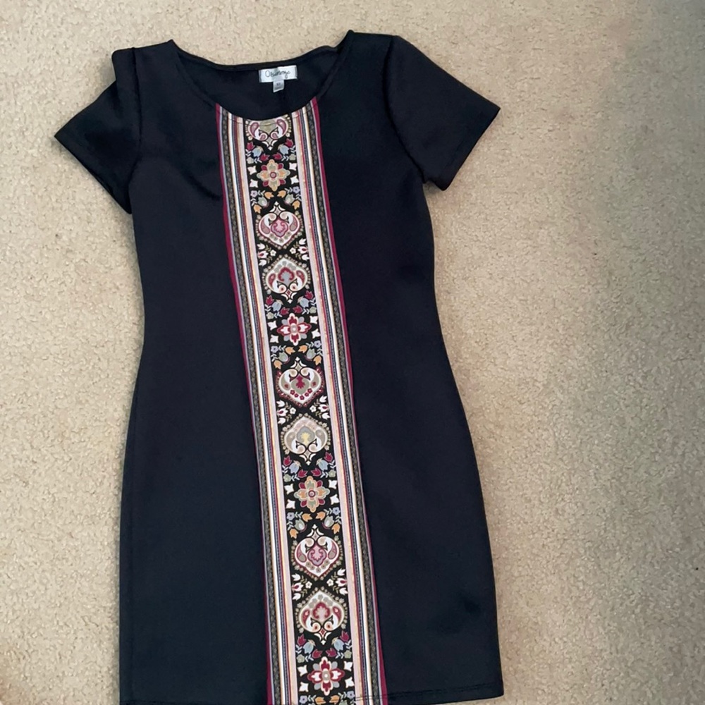 Black mini dress with patterned stripe